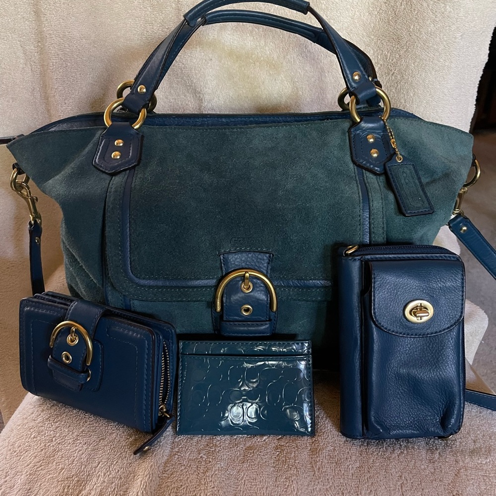 Teal Suede and Leather Coach Handbag Purse, Wallet, Patent Leather keychain